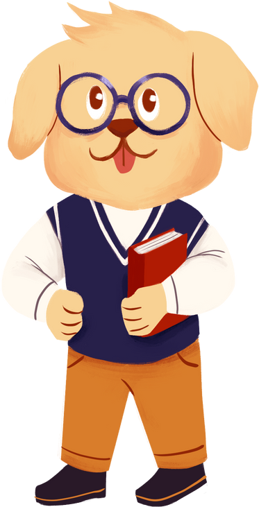 Gouache Dog with Glasses Holding Book